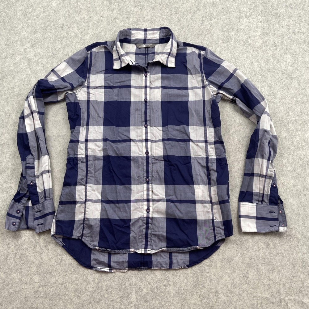 The North Face Button Up Shirt Womens M Blue Plaid Long Sleeve Top Zip Pocket